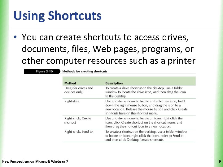 Using Shortcuts XP • You can create shortcuts to access drives, documents, files, Web