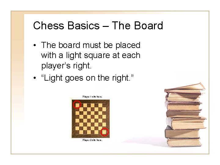 Chess Basics – The Board • The board must be placed with a light Chess Basics – The Board • The board must be placed with a light