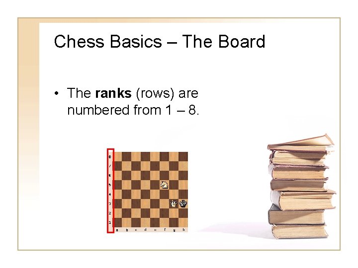 Chess Basics – The Board • The ranks (rows) are numbered from 1 – Chess Basics – The Board • The ranks (rows) are numbered from 1 –
