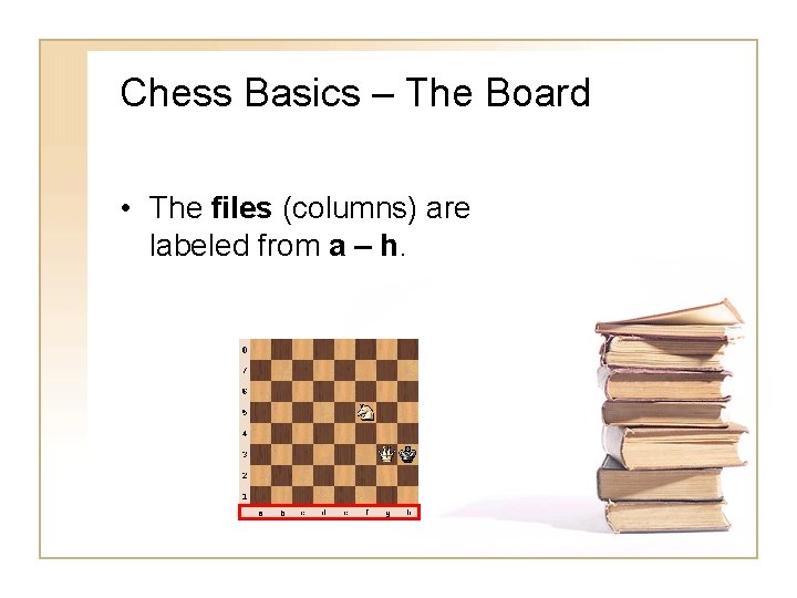 Chess Basics – The Board • The files (columns) are labeled from a – Chess Basics – The Board • The files (columns) are labeled from a –