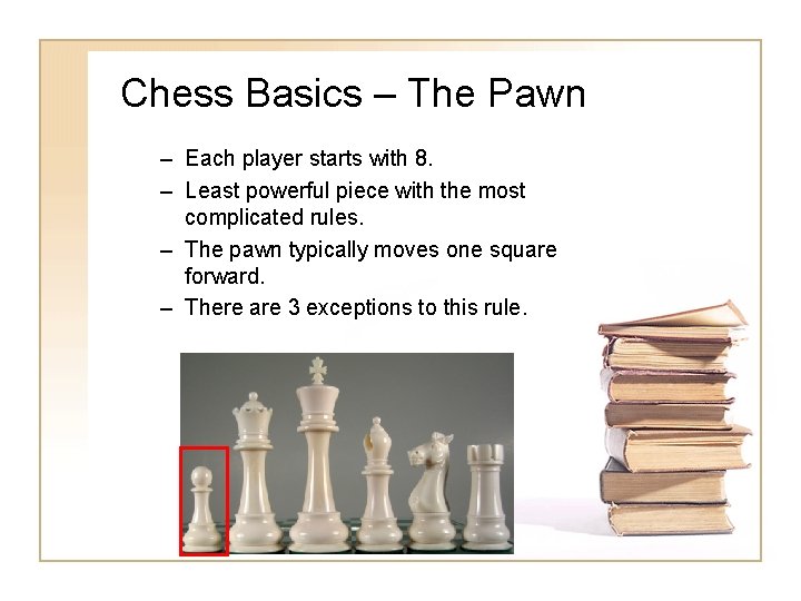 Chess Basics – The Pawn – Each player starts with 8. – Least powerful Chess Basics – The Pawn – Each player starts with 8. – Least powerful