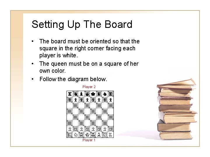 Setting Up The Board • The board must be oriented so that the square Setting Up The Board • The board must be oriented so that the square