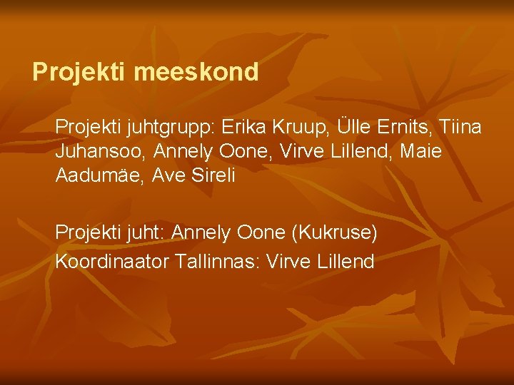 Projekti meeskond Projekti juhtgrupp: Erika Kruup, Ülle Ernits, Tiina Juhansoo, Annely Oone, Virve Lillend,