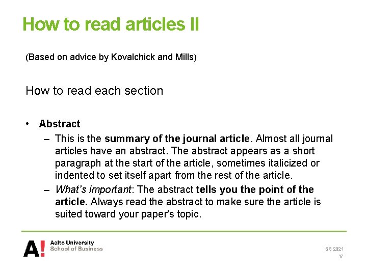 How to read articles II (Based on advice by Kovalchick and Mills) How to How to read articles II (Based on advice by Kovalchick and Mills) How to