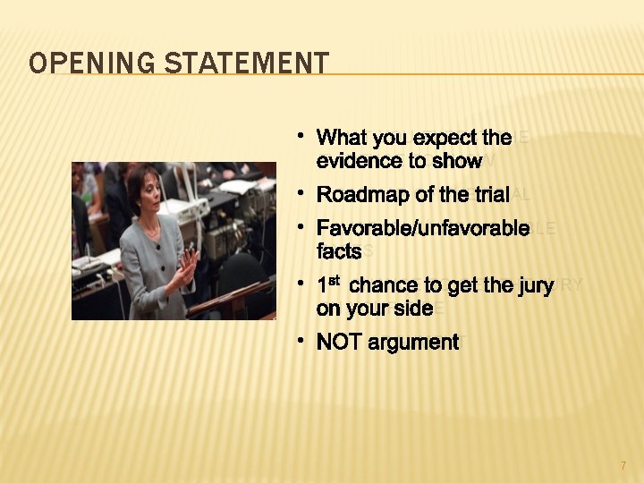 OPENING STATEMENT • WHAT YOU EXPECT THE EVIDENCE TO SHOW • ROADMAP OF THE