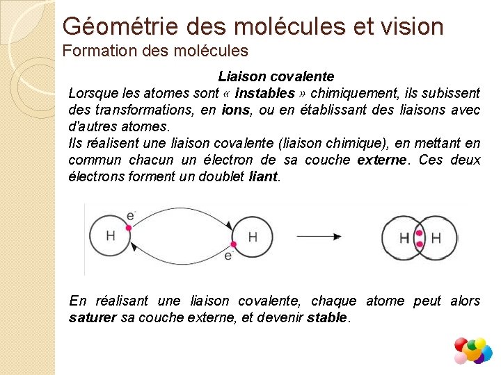 Géométrie des molécules et vision Formation des molécules Liaison covalente Lorsque les atomes sont