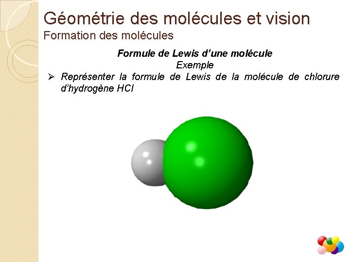 Géométrie des molécules et vision Formation des molécules Formule de Lewis d’une molécule Exemple