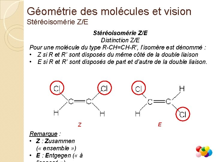 Géométrie des molécules et vision Stéréoisomérie Z/E Distinction Z/E Pour une molécule du type