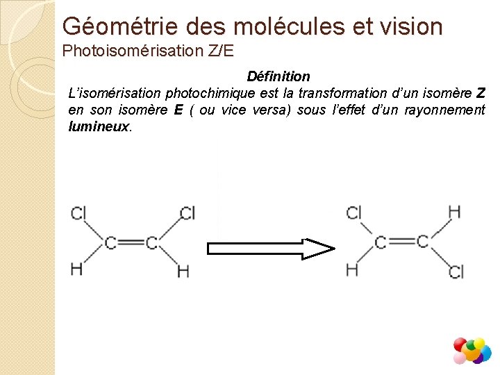 Géométrie des molécules et vision Photoisomérisation Z/E Définition L’isomérisation photochimique est la transformation d’un