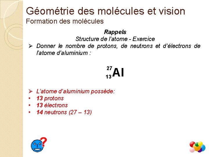 Géométrie des molécules et vision Formation des molécules Rappels Structure de l’atome - Exercice