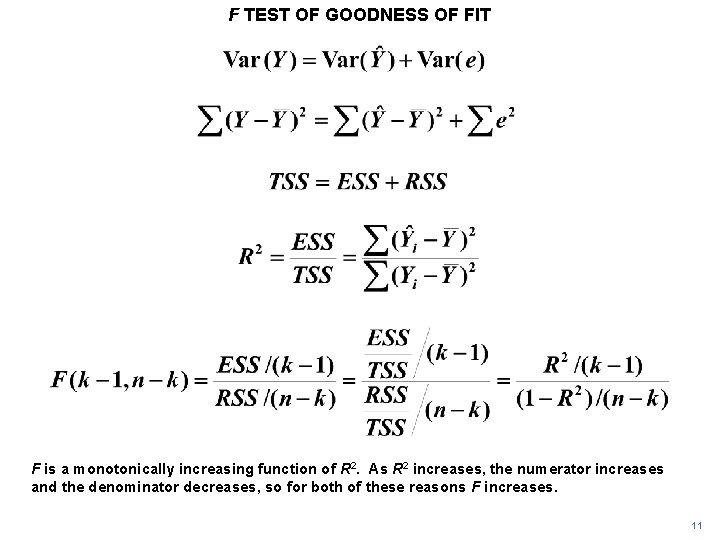 F TEST OF GOODNESS OF FIT F is a monotonically increasing function of R
