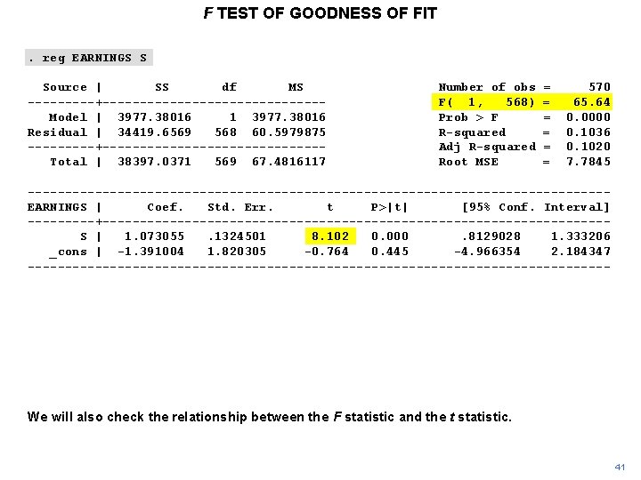 F TEST OF GOODNESS OF FIT. reg EARNINGS S Source | SS df MS