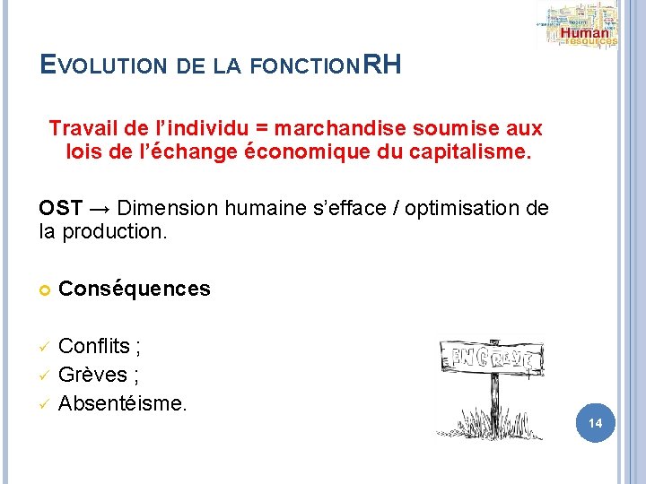 EVOLUTION DE LA FONCTION RH Travail de l’individu = marchandise soumise aux lois de