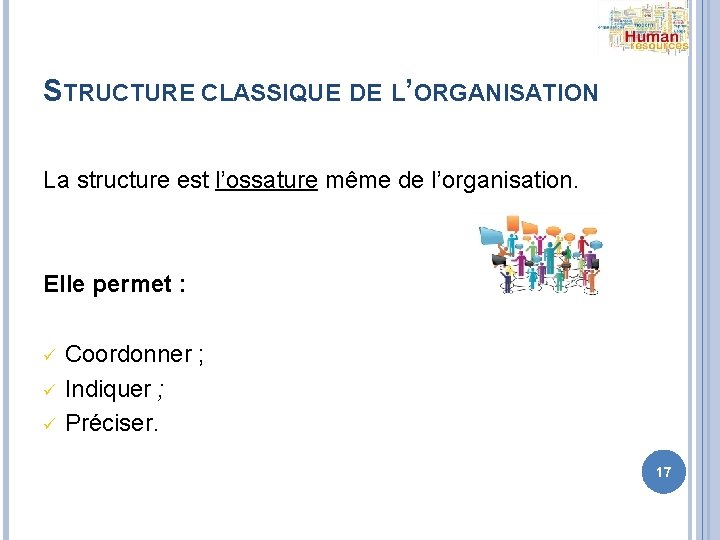 STRUCTURE CLASSIQUE DE L’ORGANISATION La structure est l’ossature même de l’organisation. Elle permet :