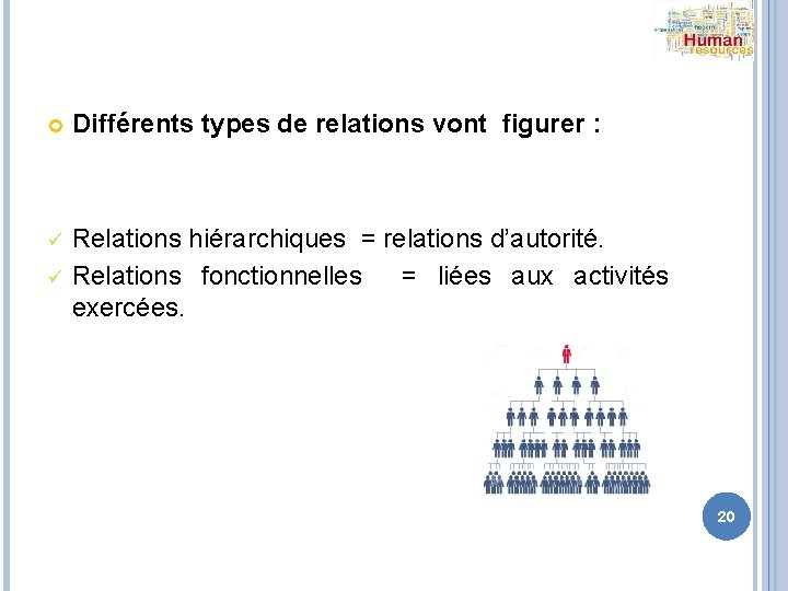  Différents types de relations vont figurer : ü Relations hiérarchiques = relations d’autorité.