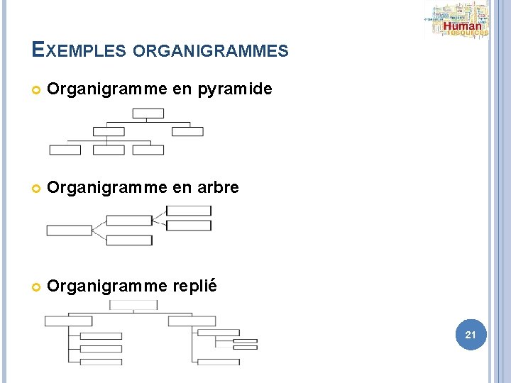 EXEMPLES ORGANIGRAMMES Organigramme en pyramide Organigramme en arbre Organigramme replié 21 