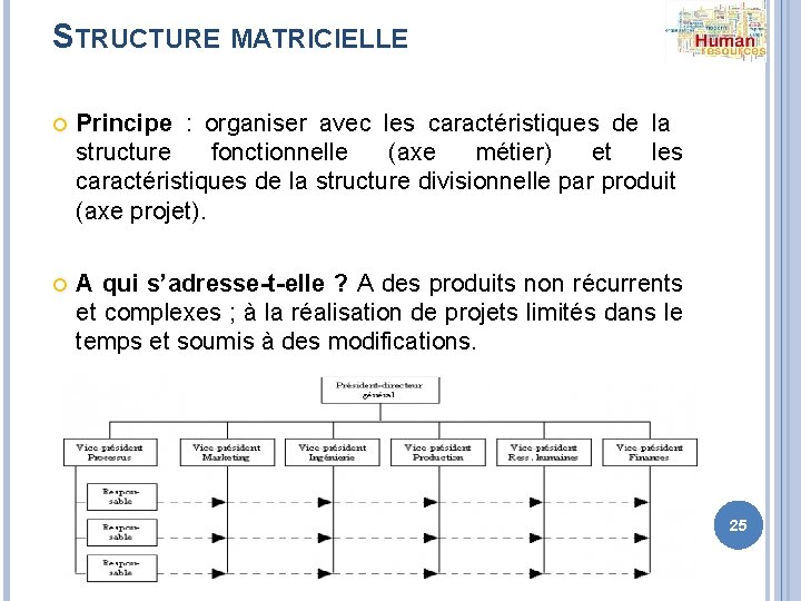 STRUCTURE MATRICIELLE Principe : organiser avec les caractéristiques de la structure fonctionnelle (axe métier)