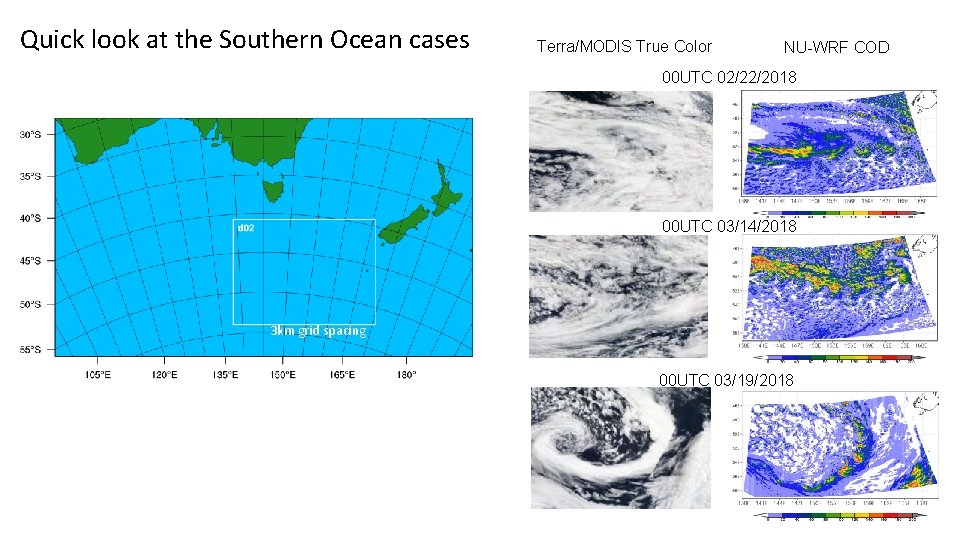 Quick look at the Southern Ocean cases Terra/MODIS True Color NU-WRF COD 00 UTC Quick look at the Southern Ocean cases Terra/MODIS True Color NU-WRF COD 00 UTC