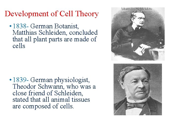 Development of Cell Theory • 1838 - German Botanist, Matthias Schleiden, concluded that all