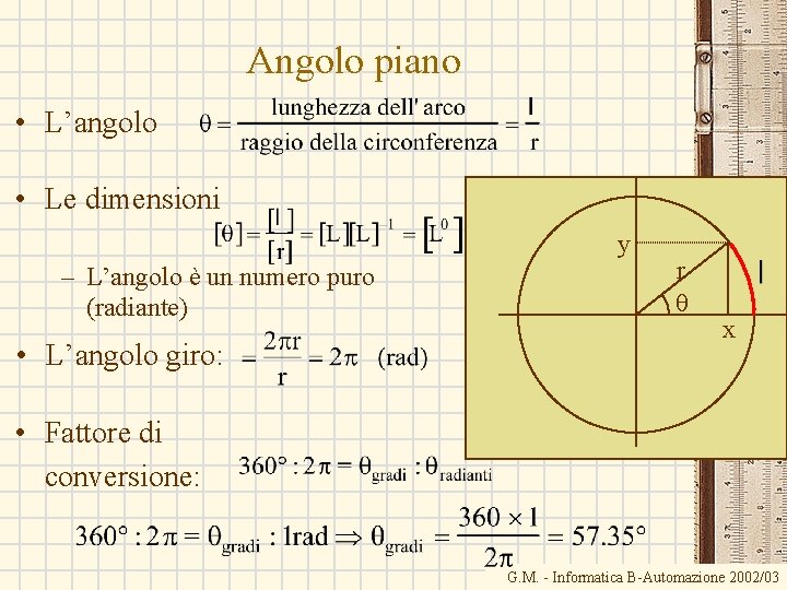 Angolo piano • L’angolo • Le dimensioni y – L’angolo è un numero puro