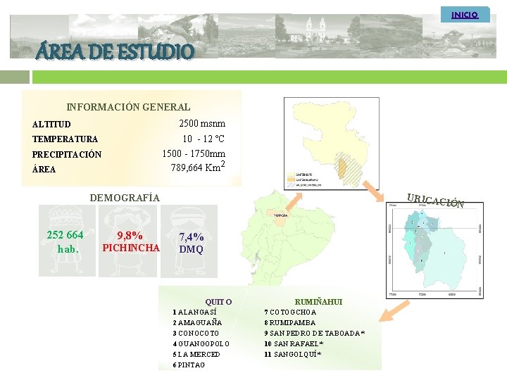 INICIO ÁREA DE ESTUDIO INFORMACIÓN GENERAL 2500 msnm ALTITUD TEMPERATURA 10 - 12 ºC