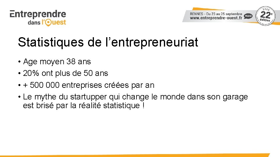 Statistiques de l’entrepreneuriat • Age moyen 38 ans • 20% ont plus de 50