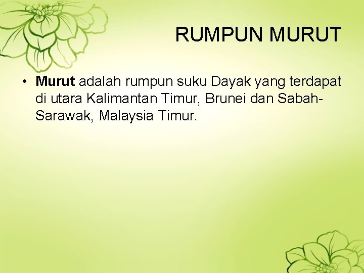 RUMPUN MURUT • Murut adalah rumpun suku Dayak yang terdapat di utara Kalimantan Timur,