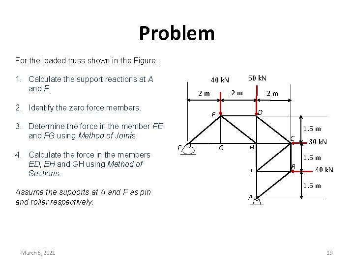 Problem For the loaded truss shown in the Figure : 1. Calculate the support