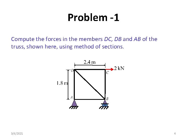 Problem -1 Compute the forces in the members DC, DB and AB of the