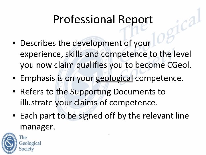Professional Report • Describes the development of your experience, skills and competence to the
