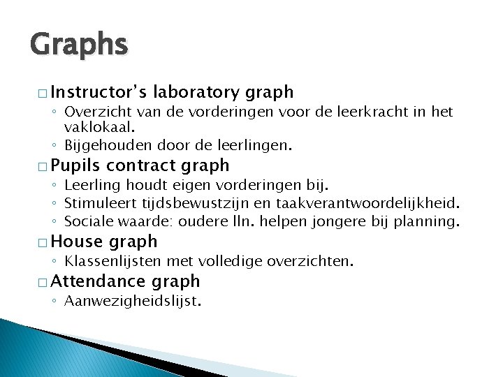Graphs � Instructor’s laboratory graph ◦ Overzicht van de vorderingen voor de leerkracht in Graphs � Instructor’s laboratory graph ◦ Overzicht van de vorderingen voor de leerkracht in