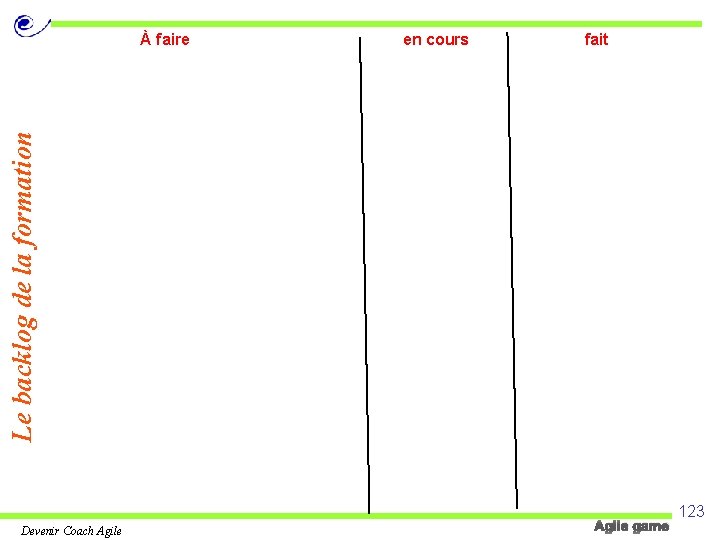 en cours fait Le backlog de la formation À faire Devenir Coach Agile game