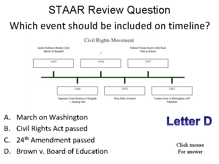 STAAR Review Question Which event should be included on timeline? A. B. C. D.