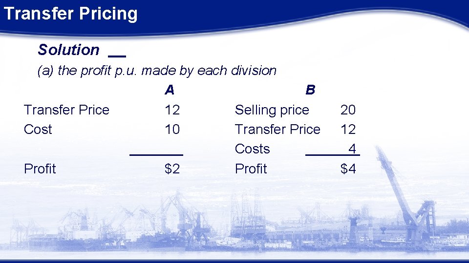 Transfer Pricing Solution (a) the profit p. u. made by each division A B