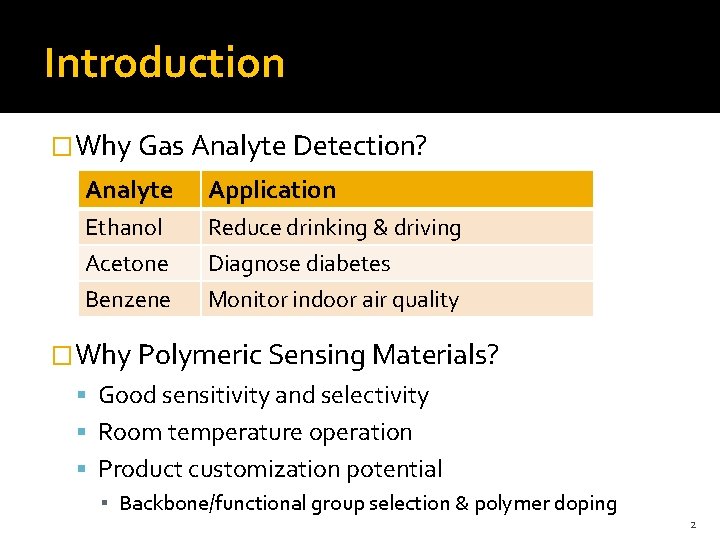 Introduction �Why Gas Analyte Detection? Analyte Application Ethanol Acetone Benzene Reduce drinking & driving