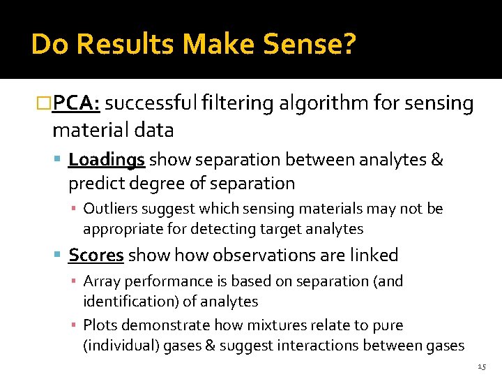 Do Results Make Sense? �PCA: successful filtering algorithm for sensing material data Loadings show