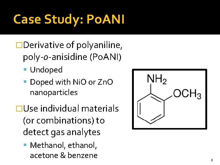 Case Study: Po. ANI �Derivative of polyaniline, poly-o-anisidine (Po. ANI) Undoped Doped with Ni.