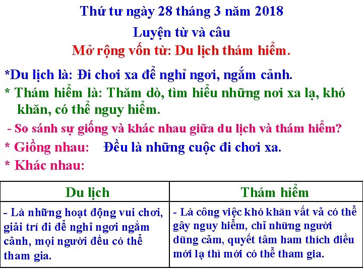Thứ tư ngày 28 tháng 3 năm 2018 Luyện từ và câu Mở rộng Thứ tư ngày 28 tháng 3 năm 2018 Luyện từ và câu Mở rộng