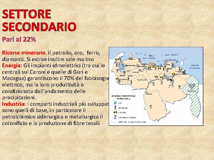 SETTORE SECONDARIO Pari al 22% Risorse minerarie. il petrolio, oro, ferro, diamanti. Si estrae SETTORE SECONDARIO Pari al 22% Risorse minerarie. il petrolio, oro, ferro, diamanti. Si estrae