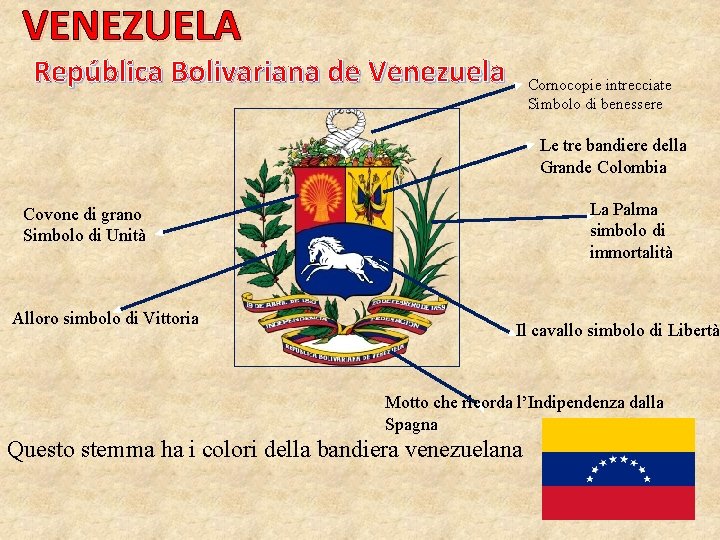 VENEZUELA República Bolivariana de Venezuela Cornocopie intrecciate Simbolo di benessere Le tre bandiere della VENEZUELA República Bolivariana de Venezuela Cornocopie intrecciate Simbolo di benessere Le tre bandiere della