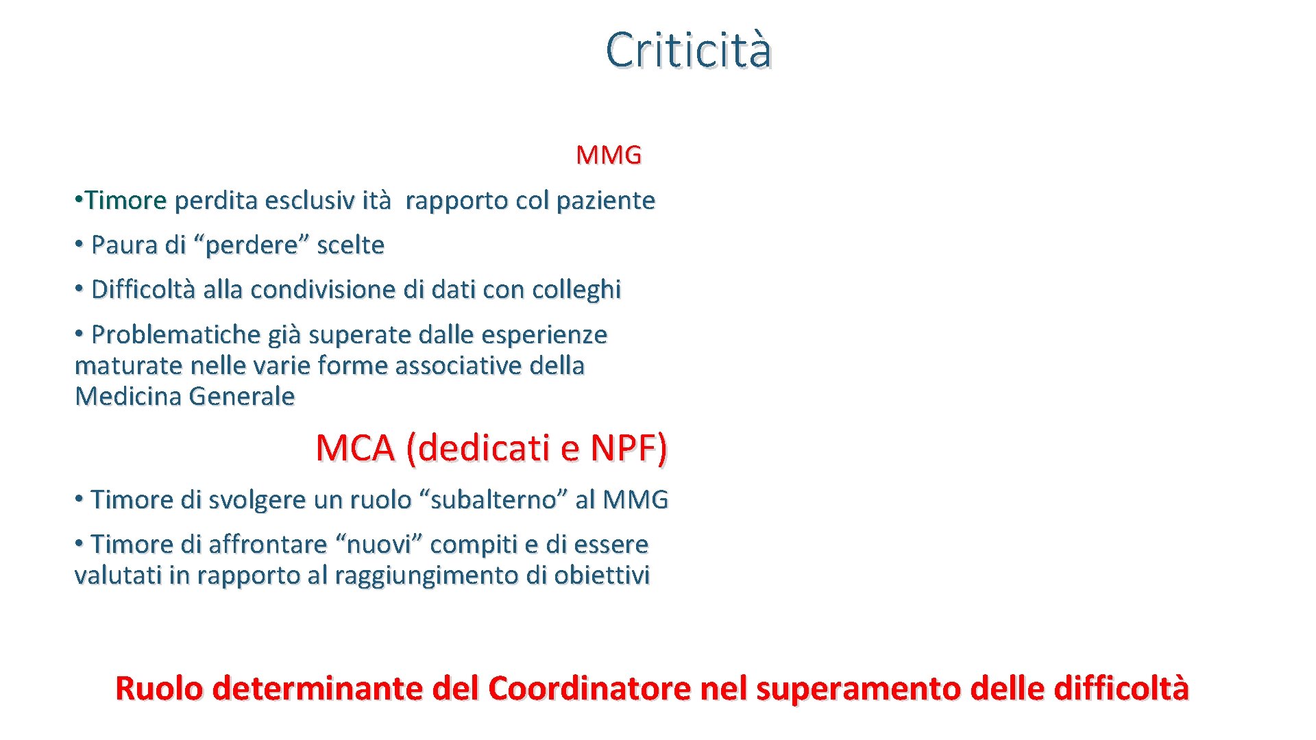 Criticità MMG • Timore perdita esclusiv ità rapporto col paziente • Paura di “perdere”