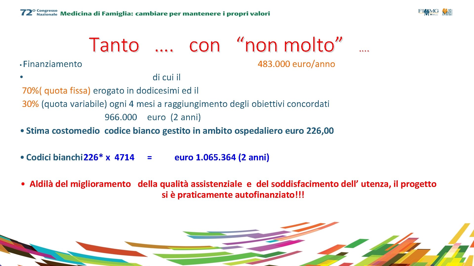 Tanto …. con “non molto” …. Finanziamento 483. 000 euro/anno • di cui il