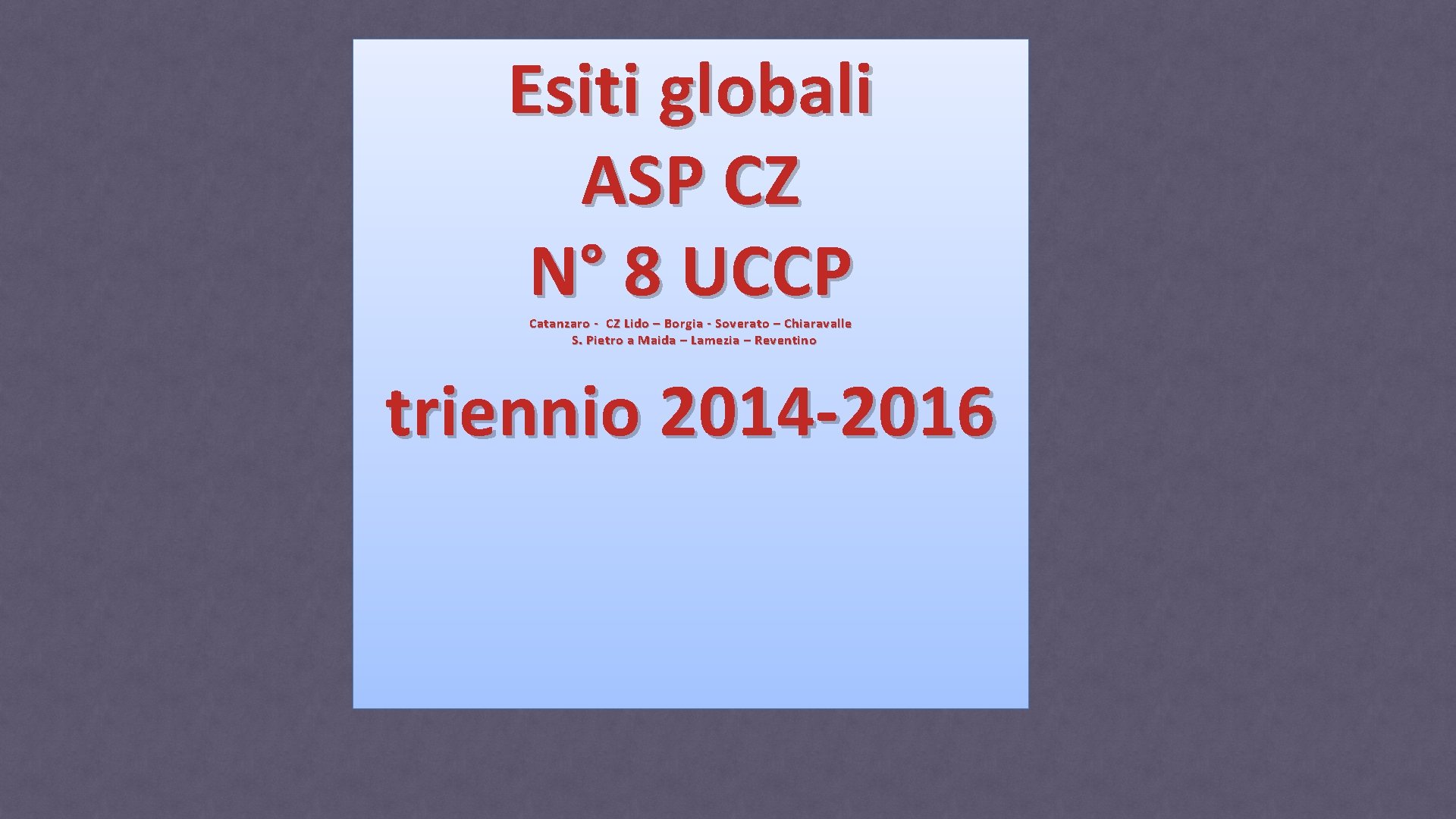 Esiti globali ASP CZ N° 8 UCCP Catanzaro - CZ Lido – Borgia -