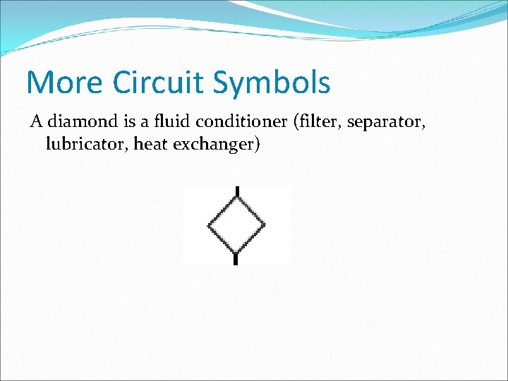 More Circuit Symbols A diamond is a fluid conditioner (filter, separator, lubricator, heat exchanger)