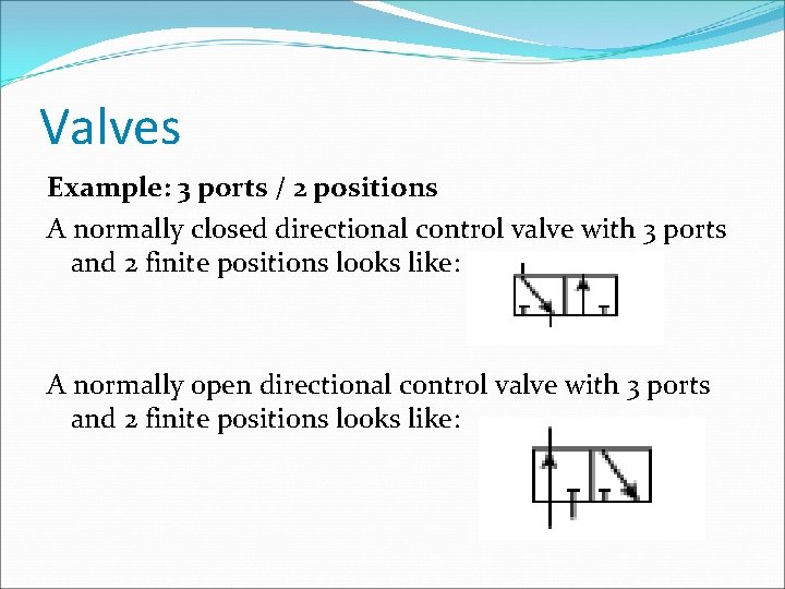 Valves Example: 3 ports / 2 positions A normally closed directional control valve with