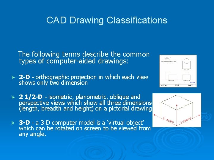 CAD Drawing Classifications The following terms describe the common types of computer-aided drawings: Ø