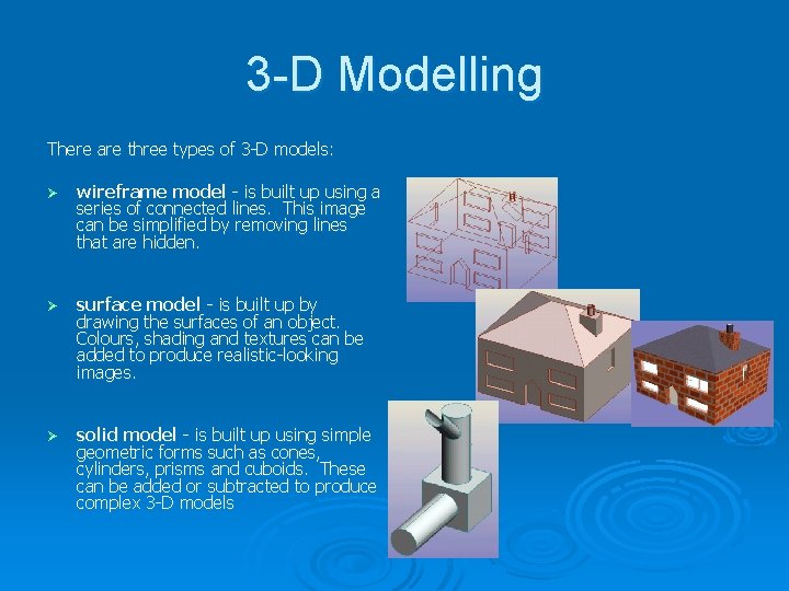 3 -D Modelling There are three types of 3 -D models: Ø wireframe model