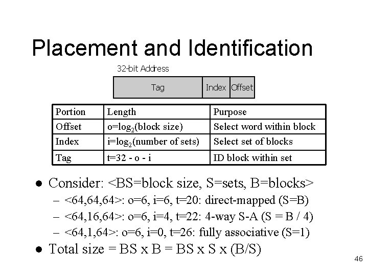 Placement and Identification 32 -bit Address Tag l Index Offset Portion Offset Index Length