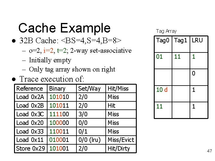 Cache Example l 32 B Cache: <BS=4, B=8> – o=2, i=2, t=2; 2 -way