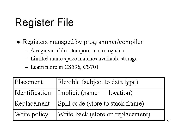 Register File l Registers managed by programmer/compiler – Assign variables, temporaries to registers –
